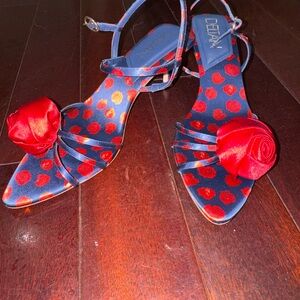 DELTAN Navy Satin Sandals with Red Rose Accent size 9.5